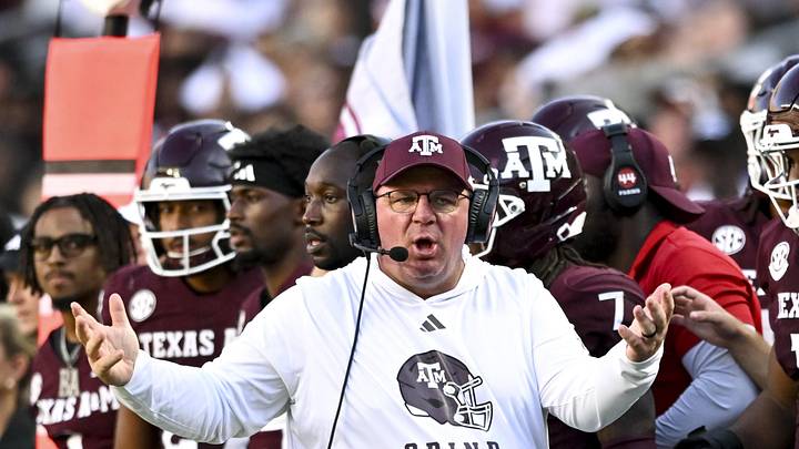 Sep 27, 2025; College Station, Texas, USA; Texas A&M Aggies head coach Mike Elko reacts against the Auburn Tigers during the fourth quarter at Kyle Field. Mandatory Credit: Maria Lysaker-Imagn Images 