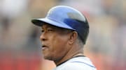 New York Mets third base coach Sandy Alomar Sr. (2) during 12-1 victory over the Los Angeles Dodgers at Dodger Stadium on May 7, 2008.