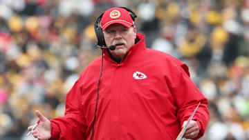 Dec 25, 2024; Pittsburgh, Pennsylvania, USA;  Kansas City Chiefs head coach Andy Reid reacts to an officials penalty on the Chiefs against the Pittsburgh Steelers during the first quarter at Acrisure Stadium. Mandatory Credit: Charles LeClaire-Imagn Images