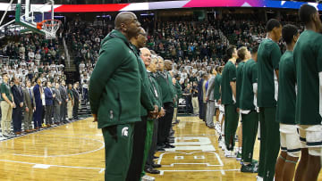 Feb 9, 2019; East Lansing, MI, USA; Magic Johnson and the Michigan State Spartans \"1979\" national championship team stands during the playing of the national anthem prior to a game between the Michigan State Spartans and the Minnesota Golden Gophers at the Breslin Center. Mandatory Credit: Mike Carter-USA TODAY Sports