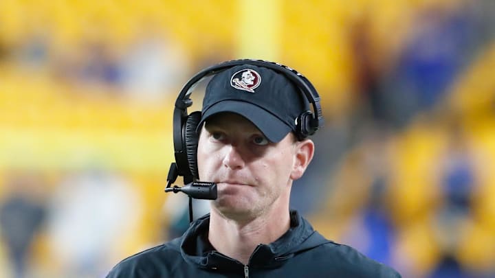 Nov 4, 2023; Pittsburgh, Pennsylvania, USA;  Florida State Seminoles senior offensive analyst of quarterbacks Austin Tucker looks on against the Pittsburgh Panthers during the fourth quarter at Acrisure Stadium. Mandatory Credit: Charles LeClaire-Imagn Images