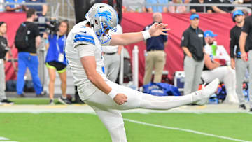 Sep 22, 2024; Glendale, Arizona, USA;  Detroit Lions punter Jack Fox (3) punts in the first half against the Arizona Cardinals at State Farm Stadium. Mandatory Credit: Matt Kartozian-Imagn Images