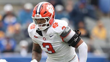 Nov 16, 2024; Pittsburgh, Pennsylvania, USA; Clemson Tigers defensive end T.J. Parker (3) pass rushes against the Pittsburgh Panthers during the second quarter at Acrisure Stadium. Mandatory Credit: Charles LeClaire-Imagn Images