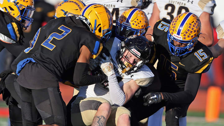 Kyshawn Robinson of Westinghouse (No. ) is in on a tackle during the 2023 PIAA Class 2A state championship game. 