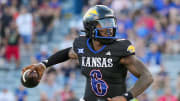 Sep 8, 2023; Lawrence, Kansas, USA; Kansas Jayhawks quarterback Jalon Daniels (6) throws a pass during the first half against the Illinois Fighting Illini at David Booth Kansas Memorial Stadium. Mandatory Credit: Jay Biggerstaff-USA TODAY Sports