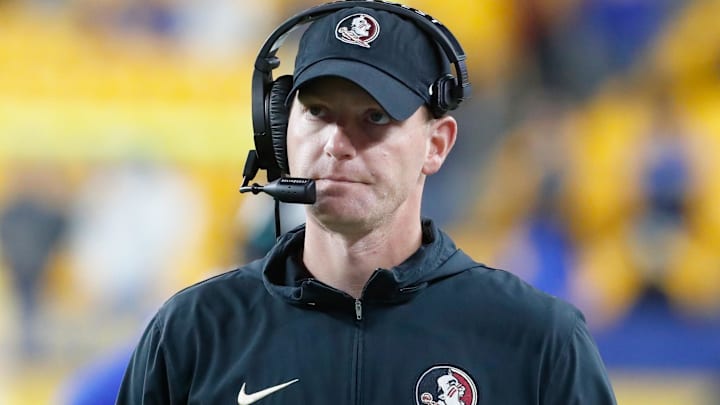 Nov 4, 2023; Pittsburgh, Pennsylvania, USA;  Florida State Seminoles senior offensive analyst of quarterbacks Austin Tucker looks on against the Pittsburgh Panthers during the fourth quarter at Acrisure Stadium. Mandatory Credit: Charles LeClaire-Imagn Images