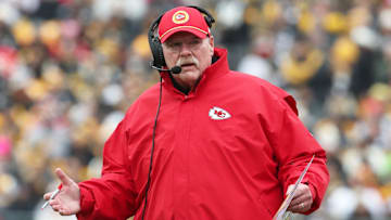 Dec 25, 2024; Pittsburgh, Pennsylvania, USA;  Kansas City Chiefs head coach Andy Reid reacts to an officials penalty on the Chiefs against the Pittsburgh Steelers during the first quarter at Acrisure Stadium. Mandatory Credit: Charles LeClaire-Imagn Images