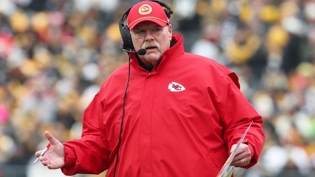 Dec 25, 2024; Pittsburgh, Pennsylvania, USA;  Kansas City Chiefs head coach Andy Reid reacts to an official's penalty on the Chiefs against the Pittsburgh Steelers during the first quarter at Acrisure Stadium. Mandatory Credit: Charles LeClaire-Imagn Images