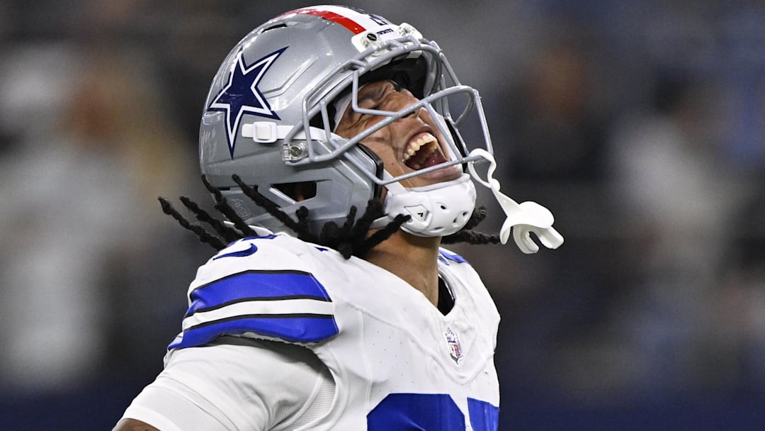Nov 3, 2025; Arlington, Texas, USA; Dallas Cowboys cornerback Reddy Steward (27) celebrates after sacking Arizona Cardinals quarterback Jacoby Brissett (7) in the second half at AT&T Stadium.