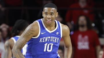 Feb 26, 2025; Norman, Oklahoma, USA; Kentucky Wildcats forward Brandon Garrison (10) smiles after scoring against the Oklahoma Sooners during the second half at Lloyd Noble Center. Mandatory Credit: Alonzo Adams-Imagn Images