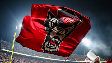 Nov 21, 2025; Raleigh, North Carolina, USA;  NC State Wolfpack cheerleader celebrates a touchdown during the second half of the game against Florida State Seminoles at Carter-Finley Stadium. Mandatory Credit: Jaylynn Nash-Imagn Images