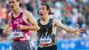 Matthew Wilkinson reacts after finishing second to Kenneth Rooks in the men’s 3,000 meter steeplechase during day three of the U.S. Olympic Track & Field Trials Sunday, June 23, 2024, at Hayward Field in Eugene, Ore.