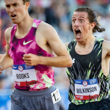 Matthew Wilkinson reacts after finishing second to Kenneth Rooks in the men’s 3,000 meter steeplechase during day three of the U.S. Olympic Track & Field Trials Sunday, June 23, 2024, at Hayward Field in Eugene, Ore.