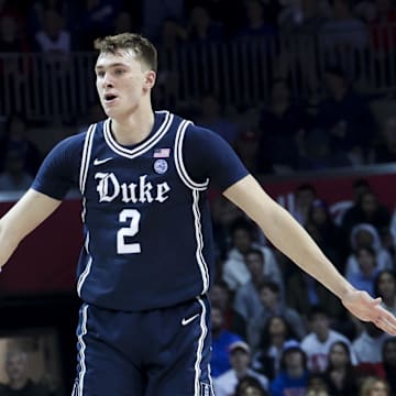 Jan 4, 2025; Dallas, Texas, USA;  Duke Blue Devils guard Cooper Flagg (2) reacts after scoring during the first half against the Southern Methodist Mustangs at Moody Coliseum. Mandatory Credit: Kevin Jairaj-Imagn Images