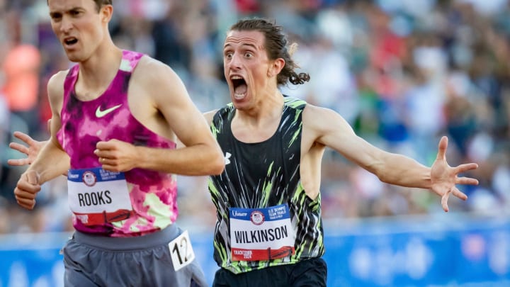Matthew Wilkinson reacts after finishing second to Kenneth Rooks in the men’s 3,000 meter steeplechase during day three of the U.S. Olympic Track & Field Trials Sunday, June 23, 2024, at Hayward Field in Eugene, Ore.