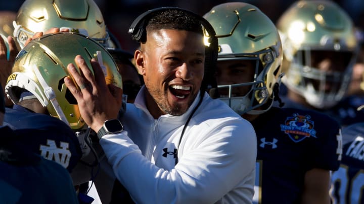 Notre Dame head football coach Marcus Freeman celebrates at the 90th annual Sun Bowl game against Oregon State on Friday, Dec. 29, 2023, at El Paso, Texas.