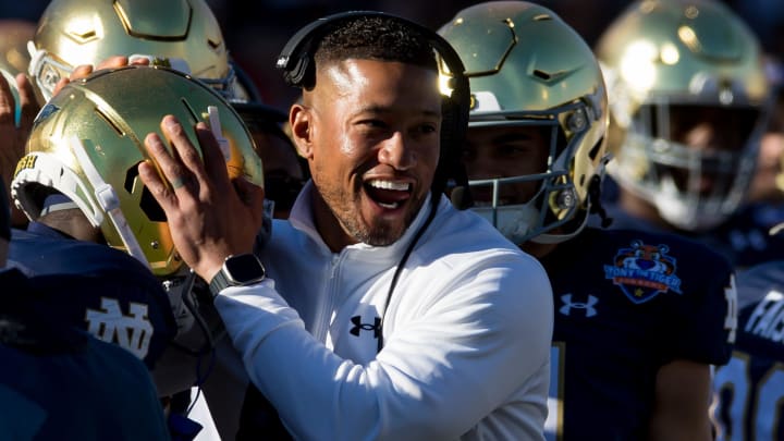 Notre Dame head football coach Marcus Freeman celebrates at the 90th annual Sun Bowl game against Oregon State on Friday, Dec. 29, 2023, at El Paso, Texas.