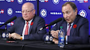 Nov 8, 2022; Winnipeg, Manitoba, CAN; NHL Commisioner Gary Bettman and Deputy Commisioner Bill Daly address the media before a game against the Winnipeg Jets and Dallas Stars at Canada Life Centre. Mandatory Credit: James Carey Lauder-Imagn Images