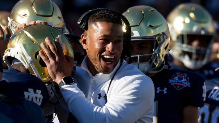 Notre Dame head football coach Marcus Freeman celebrates at the 90th annual Sun Bowl game against Oregon State on Friday, Dec. 29, 2023, at El Paso, Texas.