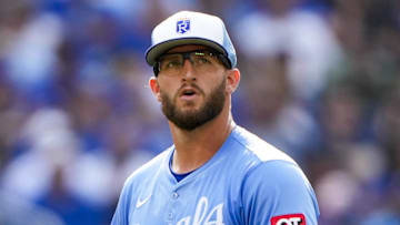 Aug 2, 2025; Toronto, Ontario, CAN; Kansas City Royals pitcher Noah Cameron (65) walks to the dugout after being relieved during the seventh inning against the Toronto Blue Jays at Rogers Centre. Mandatory Credit: Kevin Sousa-Imagn Images