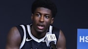 Sep 23, 2025; Brooklyn, NY, USA;  Brooklyn Nets guard Drake Powell (4) speaks at Media Day. Mandatory Credit: Wendell Cruz-Imagn Images