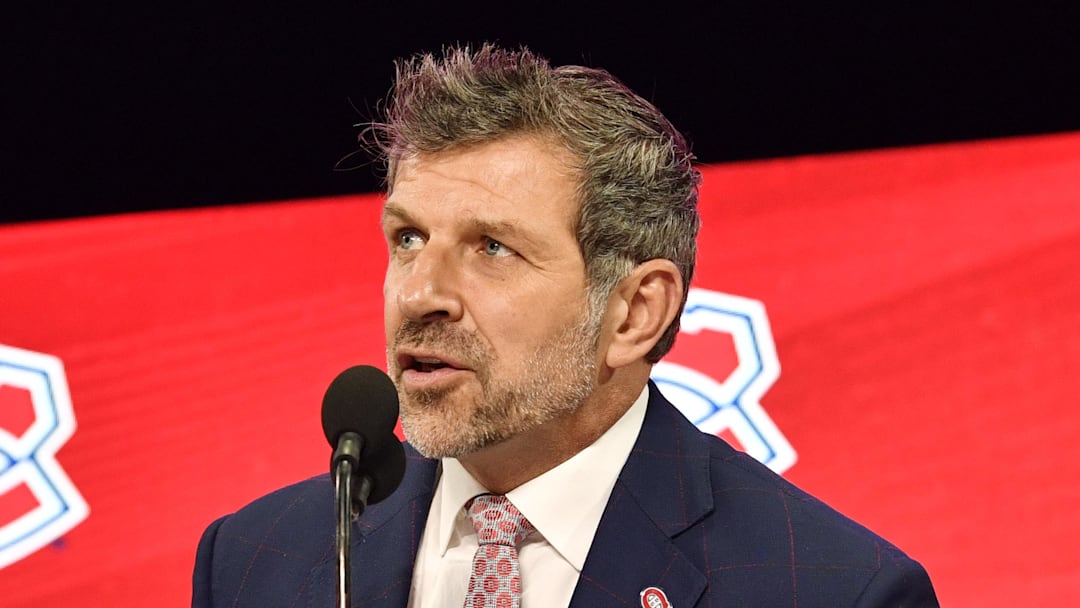 Jun 22, 2018; Dallas, TX, USA; Montreal Canadiens general manager Marc Bergevin announces the third overall pick in the first round of the 2018 NHL Draft at American Airlines Center. Mandatory Credit: Jerome Miron-Imagn Images