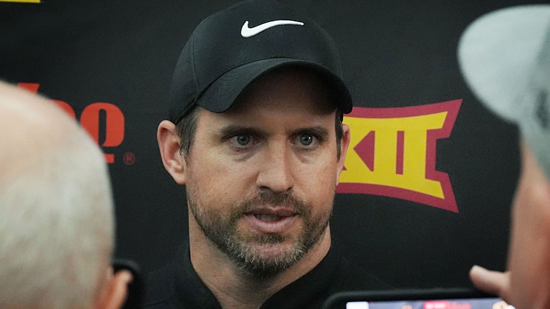 Iowa State football head coach Jimmy Rogers talks to media during NFL football pro-day at Bergstrom Football Complex on March 24, 2026, in Ames, Iowa.