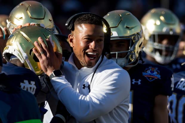 Notre Dame head football coach Marcus Freeman celebrates at the 90th annual Sun Bowl game vs. Oregon State.