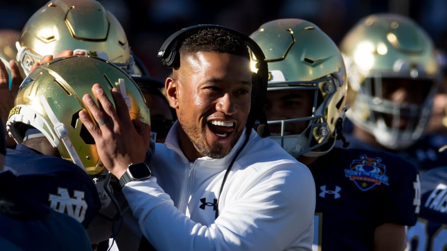 Notre Dame head football coach Marcus Freeman celebrates at the 90th annual Sun Bowl game vs. Oregon State.