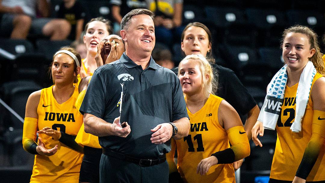 Iowa head coach Jim Barnes smiles during a NCAA volleyball match against Northern Iowa, Saturday, Sept. 17, 2022, at Xtream Arena in Coralville, Iowa.