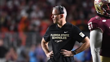 Oct 4, 2025; Tallahassee, Florida, USA; Florida State Seminoles head coach Mike Norvell during the second half against the Miami Hurricanes at Doak S. Campbell Stadium