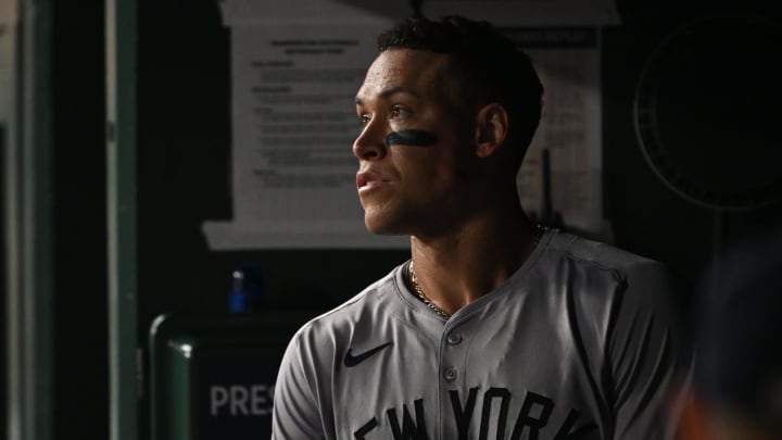 Aug 26, 2024; Washington, District of Columbia, USA; New York Yankees center fielder Aaron Judge looks out from the dugout.