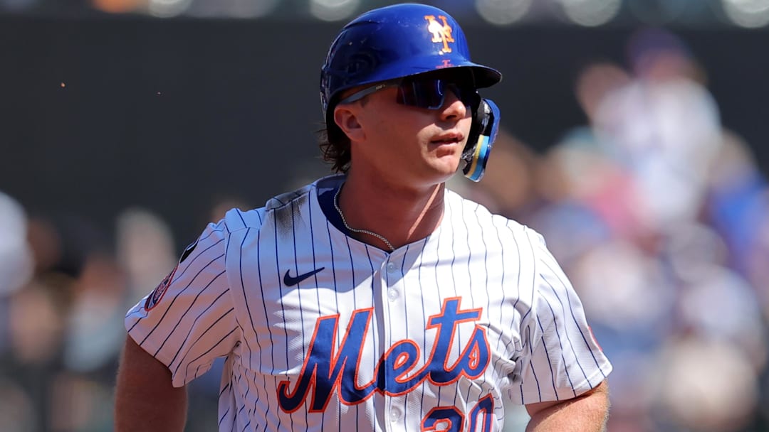 Sep 18, 2025; New York City, New York, USA; New York Mets first baseman Pete Alonso (20) rounds the bases after hitting a solo home run against the San Diego Padres during the first inning at Citi Field. Mandatory Credit: Brad Penner-Imagn Images