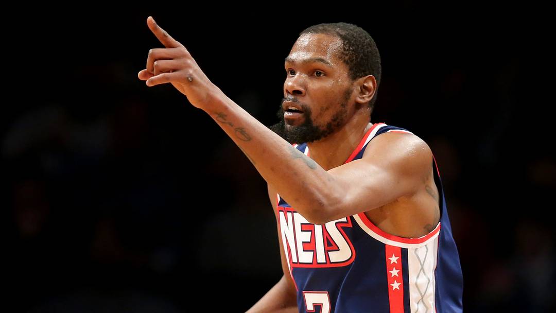 Apr 8, 2022; Brooklyn, New York, USA; Brooklyn Nets forward Kevin Durant (7) reacts during the first quarter against the Cleveland Cavaliers at Barclays Center. Mandatory Credit: Brad Penner-USA TODAY Sports