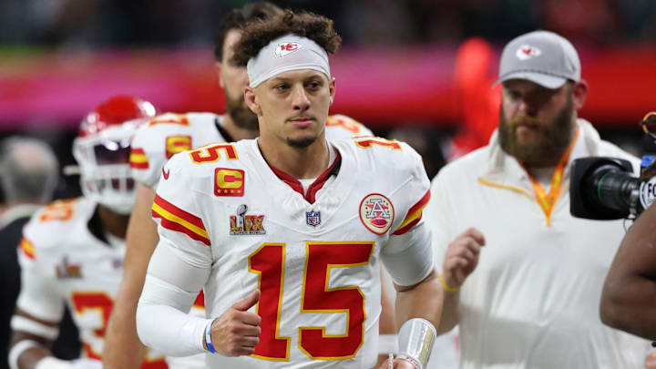 Feb 9, 2025; New Orleans, LA, USA; Kansas City Chiefs quarterback Patrick Mahomes (15) walks off the field at the end of the first half of Super Bowl LIX at Caesars Superdome. Mandatory Credit: Geoff Burke-Imagn Images
