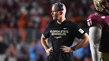 Oct 4, 2025; Tallahassee, Florida, USA; Florida State Seminoles head coach Mike Norvell during the second half against the Miami Hurricanes at Doak S. Campbell Stadium. Mandatory Credit: Robert Myers-Imagn Images