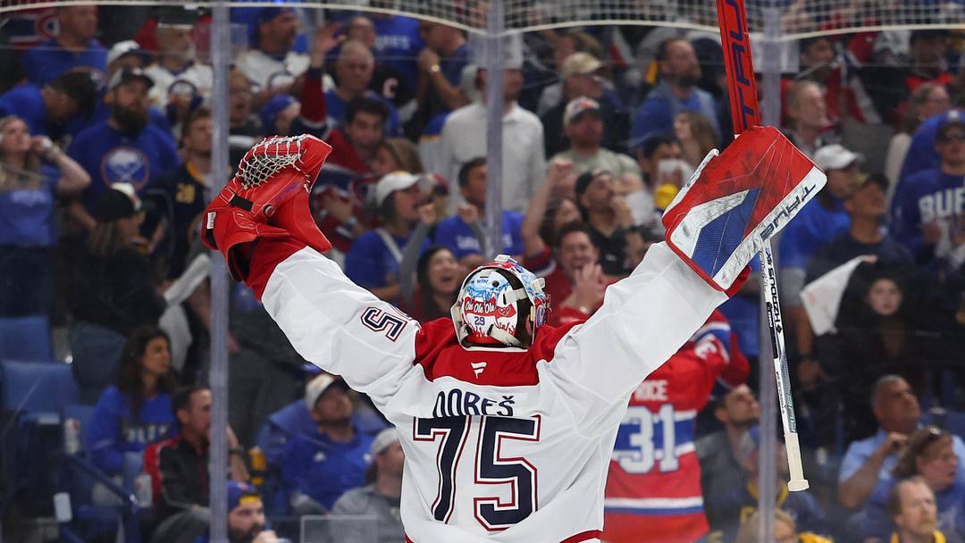 May 18, 2026; Buffalo, New York, USA; Montréal Canadiens goaltender Jakub Dobes (75) reacts after winning the game against the Buffalo Sabres during overtime in game seven of the second round of the 2026 Stanley Cup Playoffs at KeyBank Center. Mandatory Credit: Timothy T. Ludwig-Imagn Images