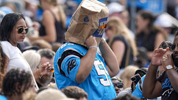 Carolina Panthers fan reacts during the second half against the Los Angeles Chargers at Bank of America Stadium.