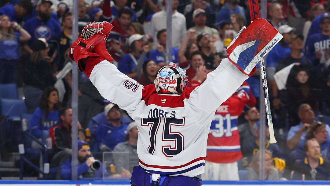May 18, 2026; Buffalo, New York, USA; Montréal Canadiens goaltender Jakub Dobes (75) reacts after winning the game against the Buffalo Sabres during overtime in game seven of the second round of the 2026 Stanley Cup Playoffs at KeyBank Center. Mandatory Credit: Timothy T. Ludwig-Imagn Images