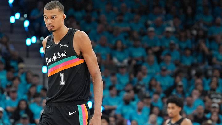 May 4, 2026; San Antonio, Texas, USA; San Antonio Spurs forward Victor Wembanyama (1) looks up the court in the second half against the Minnesota Timberwolves during game one of the second round of the 2026 NBA Playoffs at Frost Bank Center. Mandatory Credit: Daniel Dunn-Imagn Images