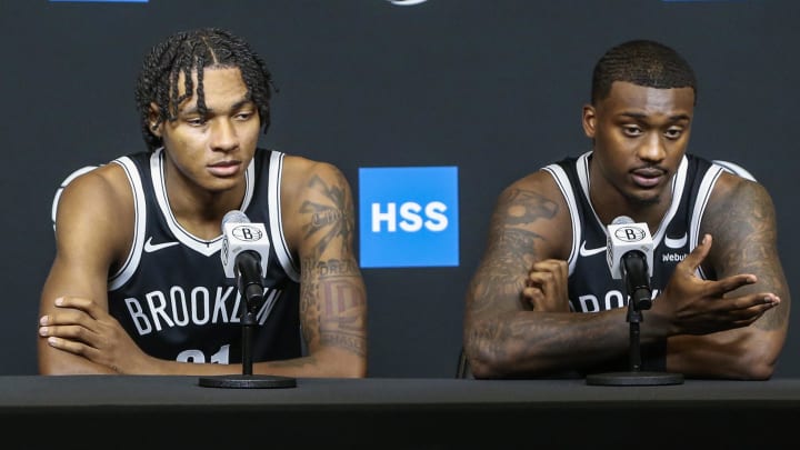 Oct 2, 2023; Brooklyn, NY, USA; Brooklyn Nets forwards Jalen Wilson (22), Noah Clowney (21), and Dariq Whitehead (0) at Brooklyn Nets Media Day Mandatory Credit: Wendell Cruz-USA TODAY Sports