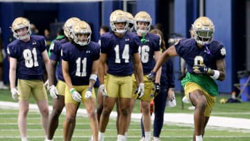 Notre Dame wide receiver Deion Colzie (0) does a drill at Notre Dame spring football practice