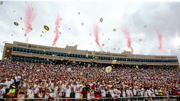 Sep 13, 2025; Lubbock, Texas, USA; The Texas Tech Red Raiders student body throws tortillas at kick off against the Oregon State Beavers at Jones AT&T Stadium. 