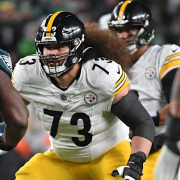 Dec 15, 2024; Philadelphia, Pennsylvania, USA; Pittsburgh Steelers guard Isaac Seumalo (73) blocks Philadelphia Eagles defensive tackle Milton Williams (93) at Lincoln Financial Field. Mandatory Credit: Eric Hartline-Imagn Images