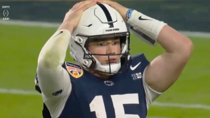 Drew Allar reacts to his game-deciding interception. Drew Allar reacts to his game-deciding interception.