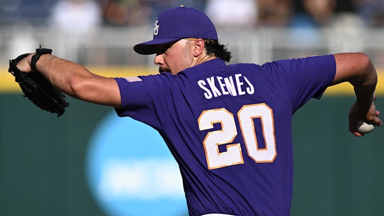 Jun 22, 2023; Omaha, NE, USA;  LSU Tigers starting pitcher Paul Skenes (20) throws against the Wake