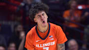 Nov 4, 2024; Champaign, Illinois, USA; Illinois Fighting Illini forward Will Riley (7) reacts after scoring during the second half against the Eastern Illinois Panthers at State Farm Center. Mandatory Credit: Ron Johnson-Imagn Images