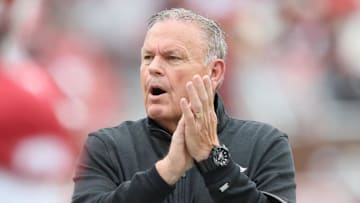 Nov 2, 2024; Fayetteville, Arkansas, USA; Arkansas Razorbacks head coach Sam Pittman motivates the team after a lost fumble for a touchdown in the first quarter against the Ole Miss Rebels at Donald W. Reynolds Razorback Stadium. Mandatory Credit: Nelson Chenault-Imagn Images