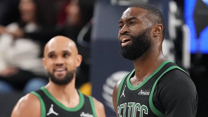Jan 3, 2026; Inglewood, California, USA; Boston Celtics guard Jaylen Brown (7) and guard Derrick White (9) react in the fourth quarter against the LA Clippers at the Intuit Dome. Mandatory Credit: Kirby Lee-Imagn Images