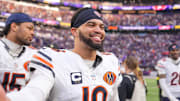 Nov 16, 2025; Minneapolis, Minnesota, USA;  Chicago Bears quarterback Caleb Williams (18) greets a Minnesota Vikings player following a game at U.S. Bank Stadium. Mandatory Credit: Brad Rempel-Imagn Images